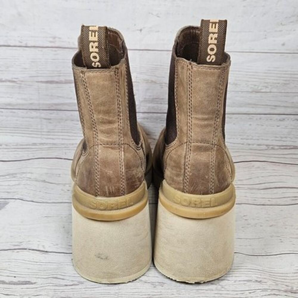 SOREL Hi-line Chelsea Boots Women's Tan Leather US 9 Platform Block Heel Ankle - Picture 4 of 7